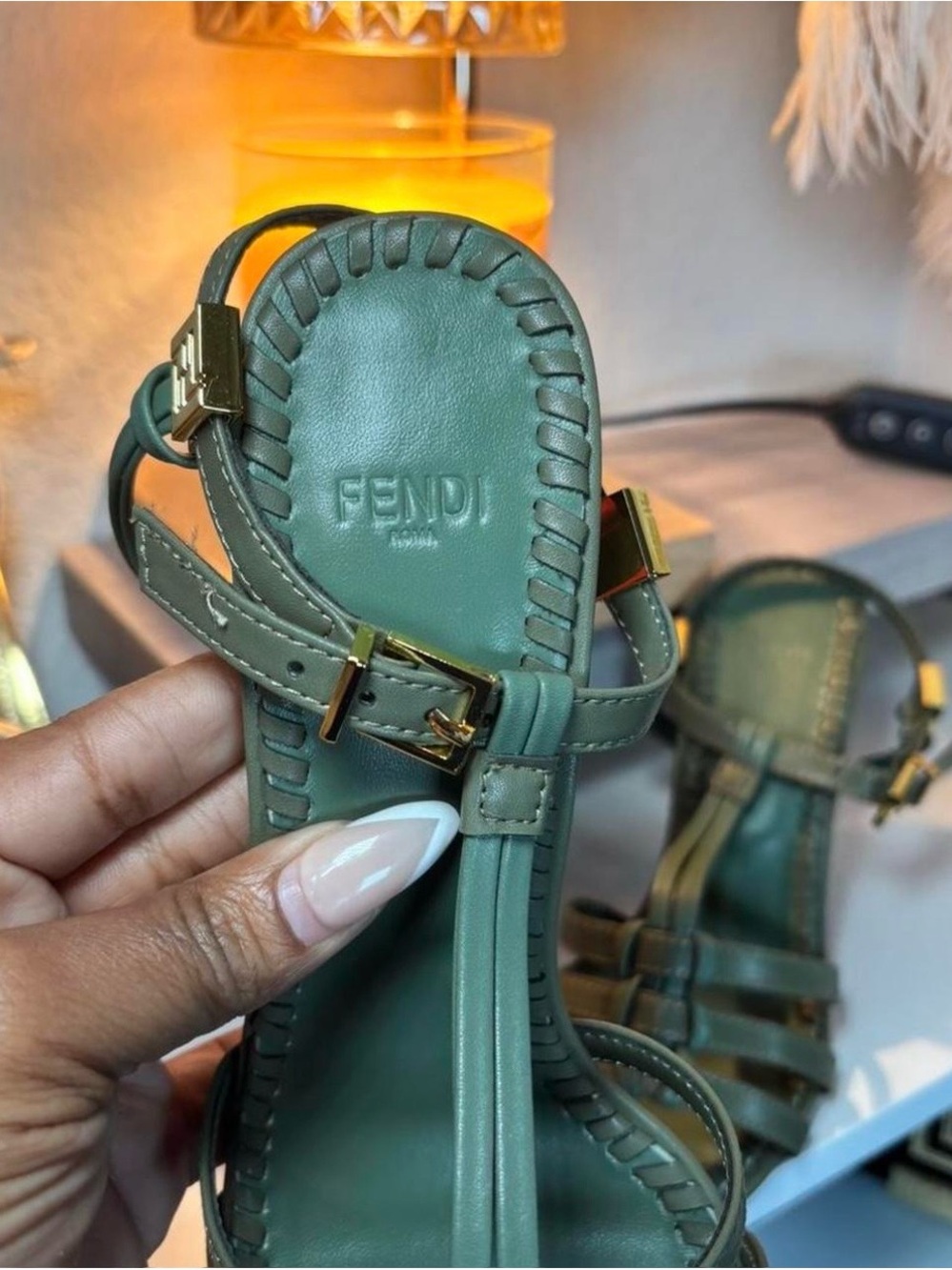 Fendi Olive Green Leather Strappy Sandals with Gold Buckles - Picture 2 of 8